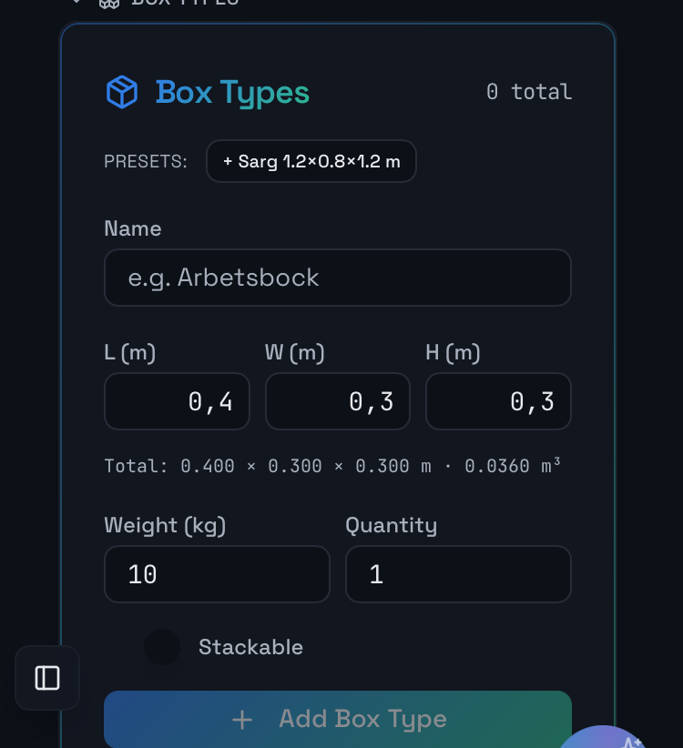 Packalytics box type setup form with dimensions, weight and quantity
