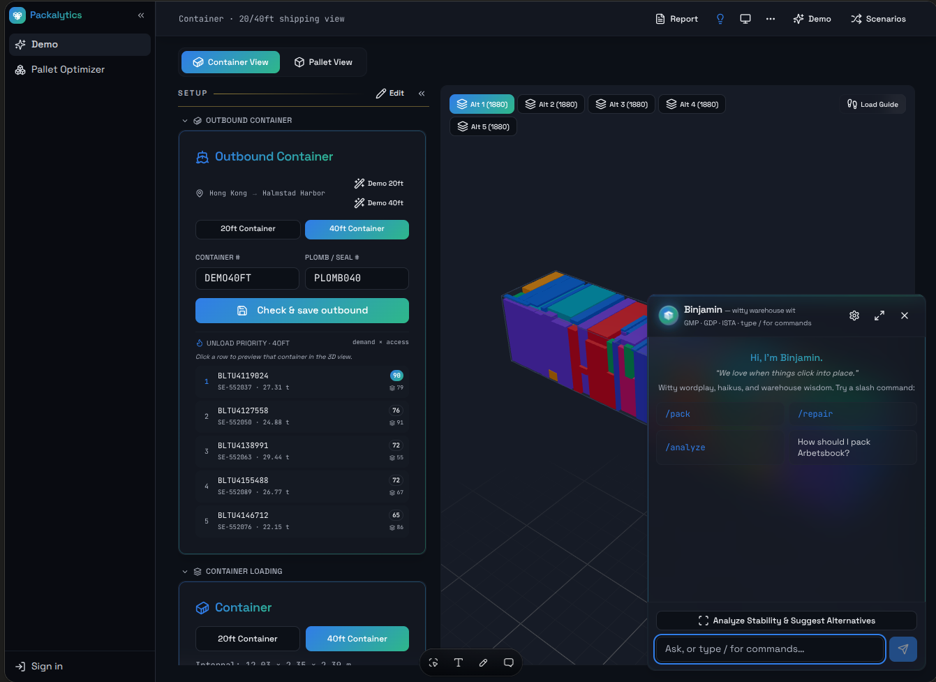 Binjamin, the Packalytics warehouse stacking assistant, suggesting load alternatives